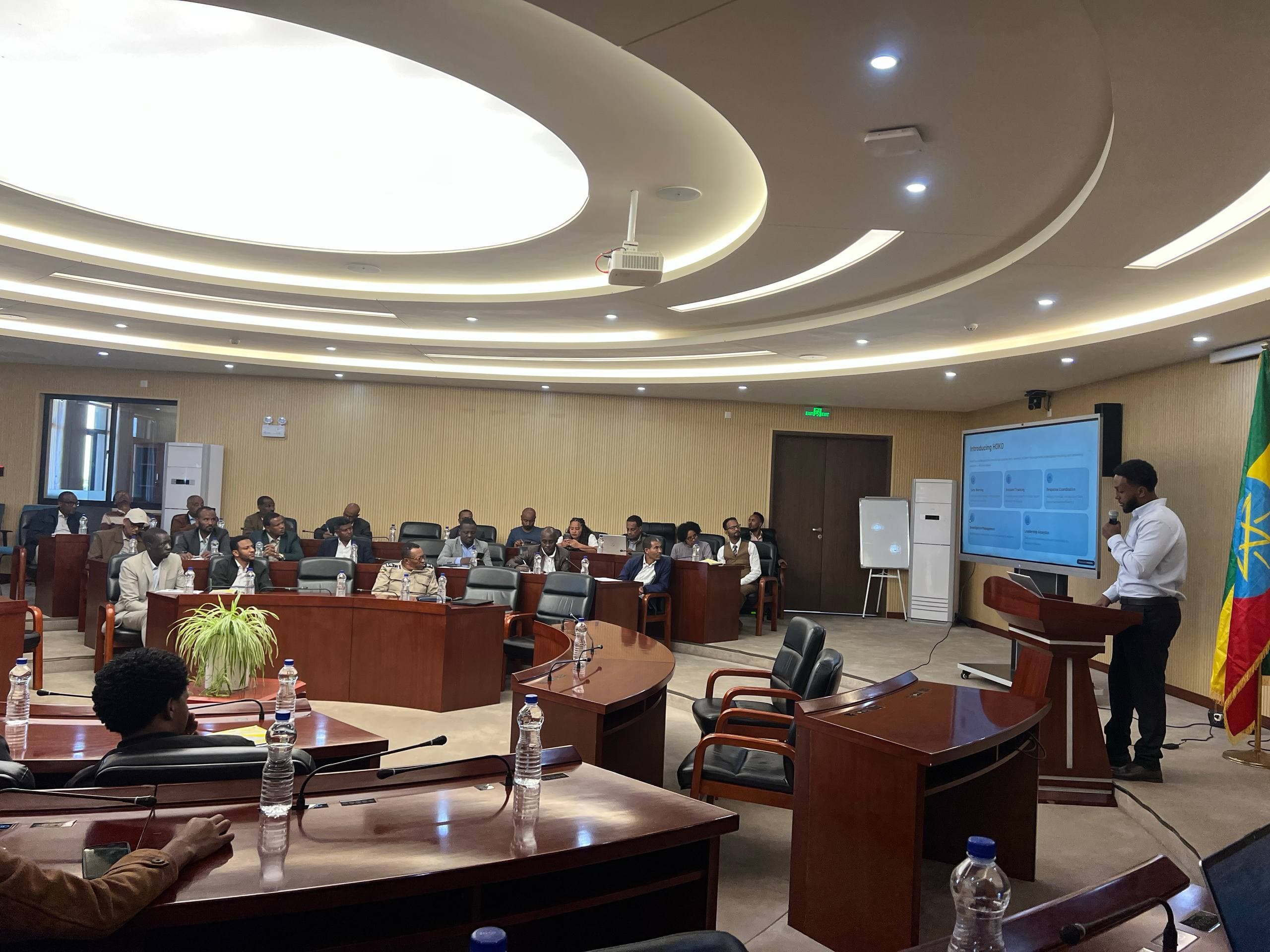 A Demena engineer presenting a system to a room of stakeholders